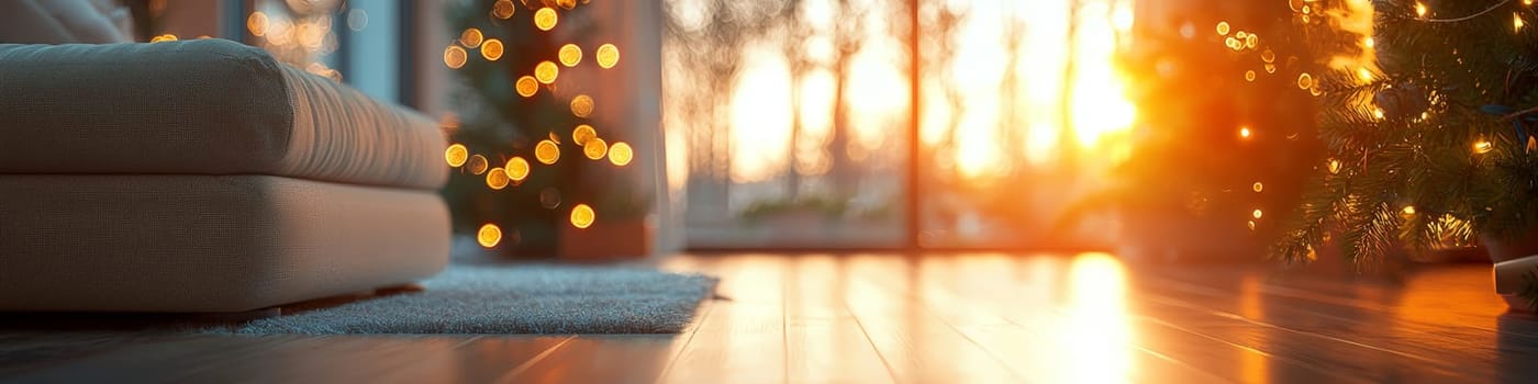 A cozy, blurred Christmas background capturing the essence of home and family, with soft warm lighting that fills the room, evoking a comforting holiday ambiance. Hints of holiday decorations and festive spirit create a welcoming seasonal atmosphere, perfect for invoking memories of cherished family moments.