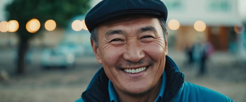 A man 50 years old with a genuine smile stands outside in a lively area showcasing a friendly demeanor and enjoying the beautiful day among vibrant surroundings. A resident of Kazakhstan. AI generate.