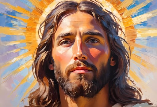 Close-Up Portrait of a Man Dressed as Jesus. White robe. Long brown hair and beard. Man appears to be in his early 30s, and he has a serious expression on his face. Christian religion and faith. AI.