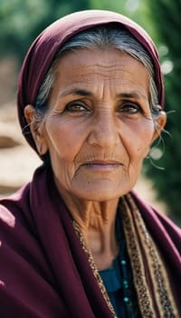 The elderly Afghanistan woman 75 years old gazes thoughtfully into the distance, her face marked by life experiences. She wears a traditional headscarf, set against a rustic background. Generative AI.