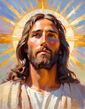 Close-Up Portrait of a Man Dressed as Jesus. White robe. Long brown hair and beard. Man appears to be in his early 30s, and he has a serious expression on his face. Christian religion and faith. AI.