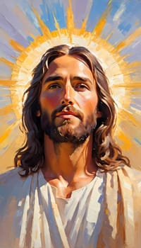 Close-Up Portrait of a Man Dressed as Jesus. White robe. Long brown hair and beard. Man appears to be in his early 30s, and he has a serious expression on his face. Christian religion and faith. AI.