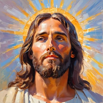 Close-Up Portrait of a Man Dressed as Jesus. White robe. Long brown hair and beard. Man appears to be in his early 30s, and he has a serious expression on his face. Christian religion and faith. AI.