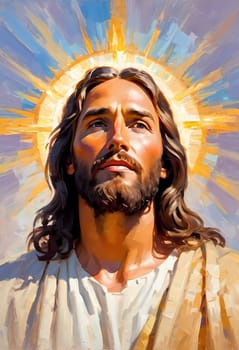 Close-Up Portrait of a Man Dressed as Jesus. White robe. Long brown hair and beard. Man appears to be in his early 30s, and he has a serious expression on his face. Christian religion and faith. AI.