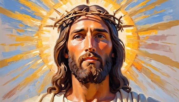 Close-Up Portrait of a Man Dressed as Jesus. White robe. Long brown hair and beard. Man appears to be in his early 30s, and he has a serious expression on his face. Christian religion and faith. AI.