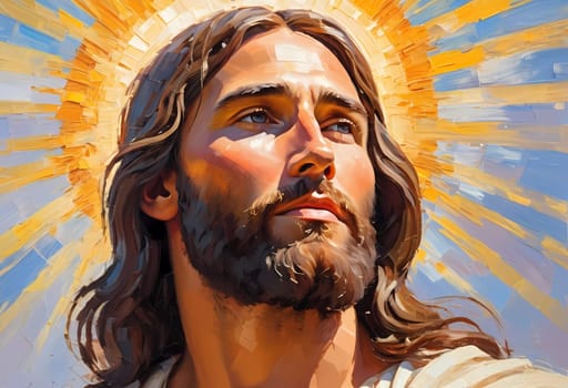 Close-Up Portrait of a Man Dressed as Jesus. White robe. Long brown hair and beard. Man appears to be in his early 30s, and he has a serious expression on his face. Christian religion and faith. AI.