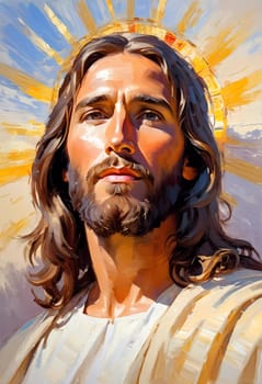 Close-Up Portrait of a Man Dressed as Jesus. White robe. Long brown hair and beard. Man appears to be in his early 30s, and he has a serious expression on his face. Christian religion and faith. AI.