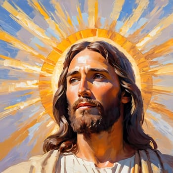Close-Up Portrait of a Man Dressed as Jesus. White robe. Long brown hair and beard. Man appears to be in his early 30s, and he has a serious expression on his face. Christian religion and faith. AI.