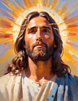 Close-Up Portrait of a Man Dressed as Jesus. White robe. Long brown hair and beard. Man appears to be in his early 30s, and he has a serious expression on his face. Christian religion and faith. AI.