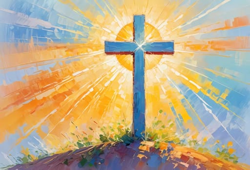 A stunning sunset illuminates a large wooden cross, radiating colorful rays of light. In the distance, a quaint chapel completes this serene rural landscape. A radiant sun shining through a cross. AI