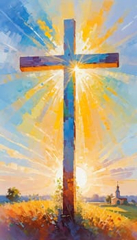 A stunning sunset illuminates a large wooden cross, radiating colorful rays of light. In the distance, a quaint chapel completes this serene rural landscape. A radiant sun shining through a cross. AI