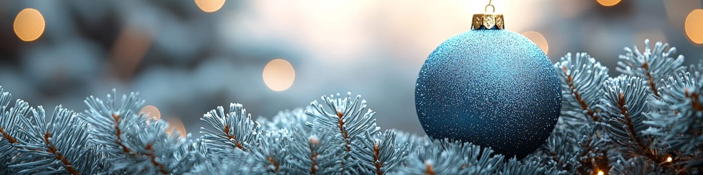 A sophisticated advertising photo of a dark blue Christmas ornament hanging from a plush pine branch, with a clean white background. The image features ample space on one-third for customizable text, ideal for seasonal marketing. Low lighting enhances the richness of the dark blue color, adding depth and elegance to the composition.