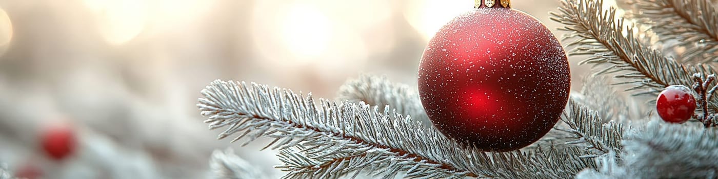 A clean and close-up advertising image showcasing a shiny red Christmas ornament hanging from a lush green pine branch, set against a pure white background. The minimalist design leaves one-third of the space open for text, making it ideal for holiday marketing, seasonal messages, or festive branding needs.