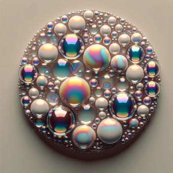 A circular arrangement of iridescent, spherical bubbles, arranged in a gradient pattern with a light blue background. A high-quality photo.