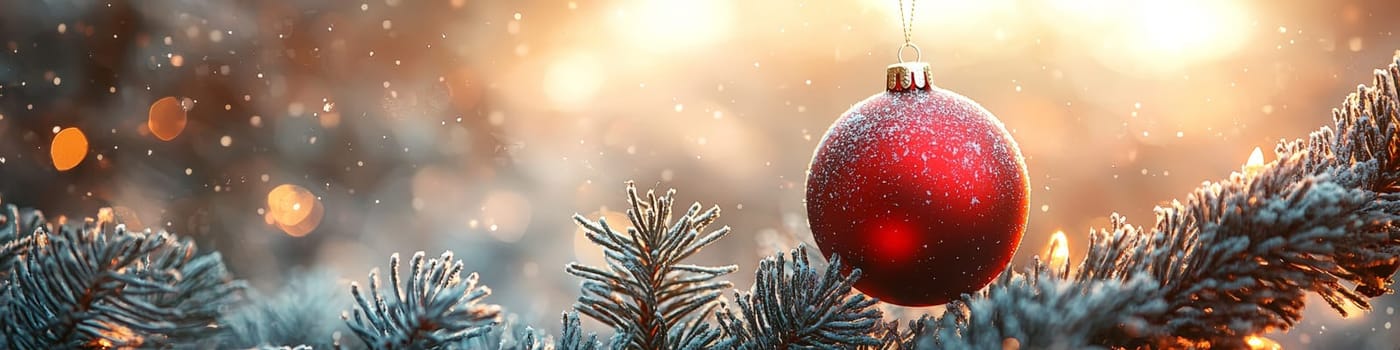 A clean and close-up advertising image showcasing a shiny red Christmas ornament hanging from a lush green pine branch, set against a pure white background. The minimalist design leaves one-third of the space open for text, making it ideal for holiday marketing, seasonal messages, or festive branding needs.