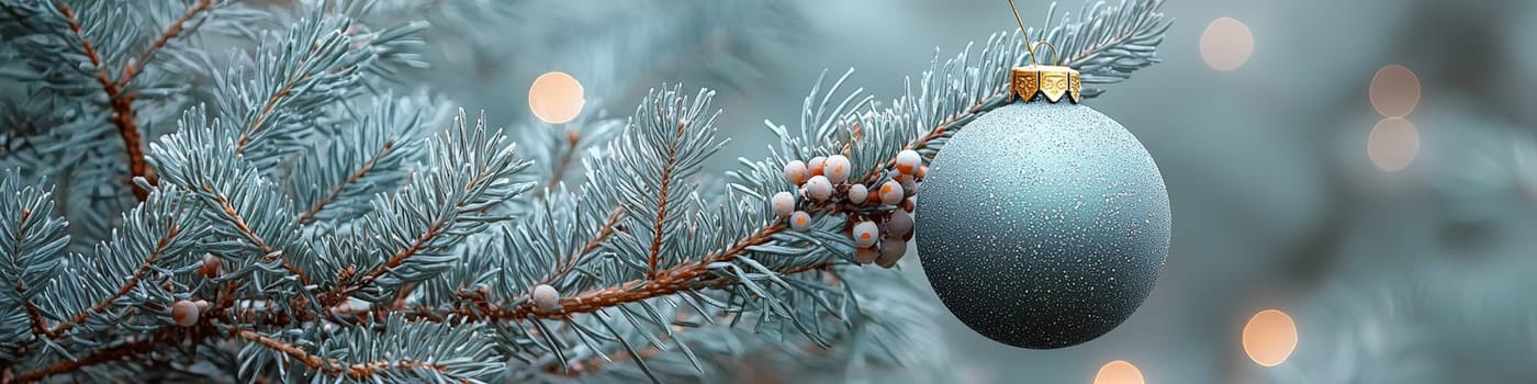 A refined advertising image featuring a dark green Christmas ornament hanging from a fluffy pine branch against a soft white background. The minimalist composition includes one-third open space for customizable text, perfect for festive branding or holiday greetings in a subdued, elegant style. Low lighting adds depth and richness to the ornament's color and texture.