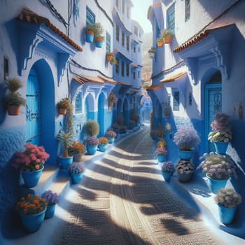 A narrow street in a blue city with colorful flowers in pots, creating a picturesque and charming scene. A high-quality photo.