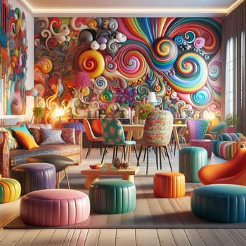 A colorful and vibrant living room with a large abstract mural on the wall, and colorful furniture and decor. A high-quality photo.