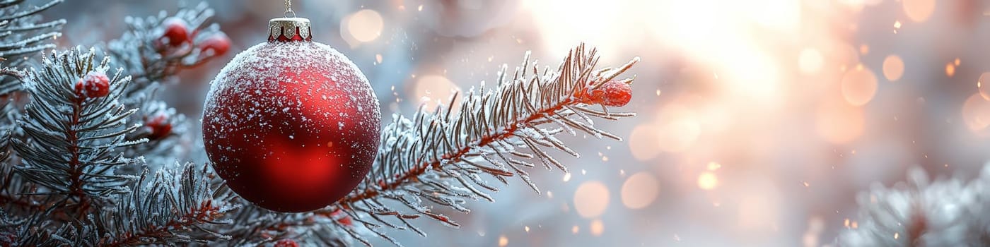 A clean and close-up advertising image showcasing a shiny red Christmas ornament hanging from a lush green pine branch, set against a pure white background. The minimalist design leaves one-third of the space open for text, making it ideal for holiday marketing, seasonal messages, or festive branding needs.