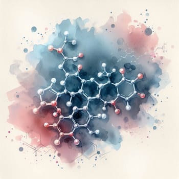A watercolor illustration of a chemical molecular structure, representing the complexity of molecules and chemistry. A high-quality photo.