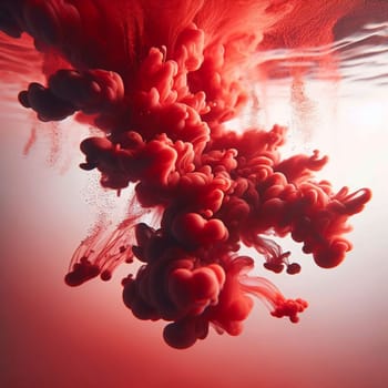 A close-up image of red ink swirling in water, creating abstract patterns and shapes. A high-quality photo.