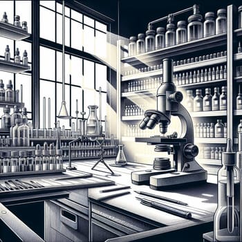 A black and white illustration of a scientific laboratory with a microscope, beakers, and other equipment. A high-quality photo.