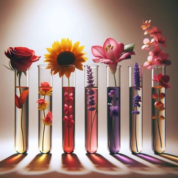 A row of glass test tubes filled with colorful liquids and flowers, representing the intersection of nature and science. A high-quality photo.