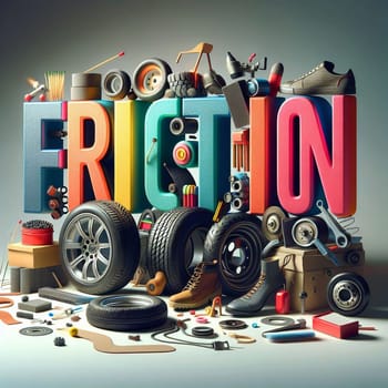 A colorful 3D rendering of the word "friction"" made of various objects that represent friction, such as tires, wheels, shoes, and sandpaper. A high-quality photo."