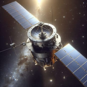 A realistic rendering of a satellite orbiting in space, with solar panels and a central body, against a starry background. A high-quality photo.