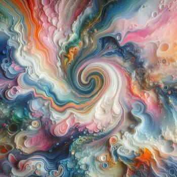 An abstract image of swirling, colorful liquid paint, resembling a galaxy or a cosmic nebula. A high-quality photo.