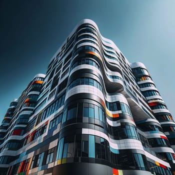 A modern building with a unique, curved design and colorful glass panels. A high-quality photo.