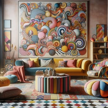 A colorful and vibrant living room with a large abstract mural on the wall, colorful furniture, and decor, creating a bohemian and eclectic style. A high-quality photo.