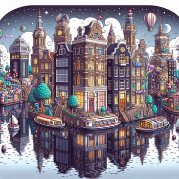 A whimsical illustration of a Dutch canal city with floating houses, hot air balloons, and other fantastical elements. A high-quality photo.