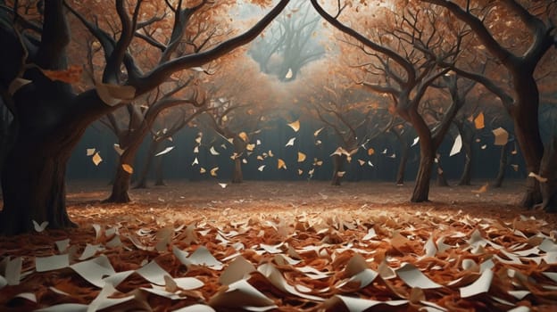 A mysterious forest with a path leading through it, with falling leaves creating a dreamy and atmospheric scene. A high-quality photo.