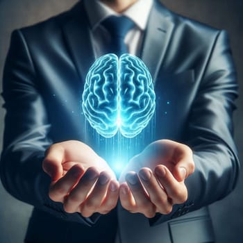 A businessman holding a glowing blue brain in his hands, representing the power and importance of the mind in business. A high-quality photo.