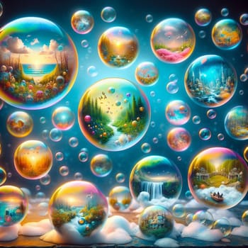 A collection of colorful, glowing bubbles, each containing a different miniature landscape, creating a dreamy and magical atmosphere. A high-quality photo.