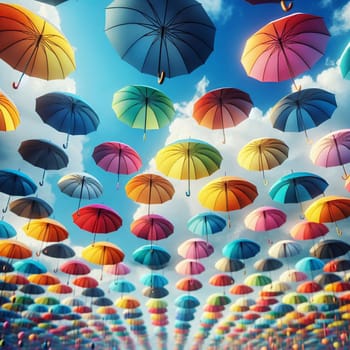 A sea of colorful umbrellas floating in the sky, creating a cheerful and vibrant scene. A high-quality photo.