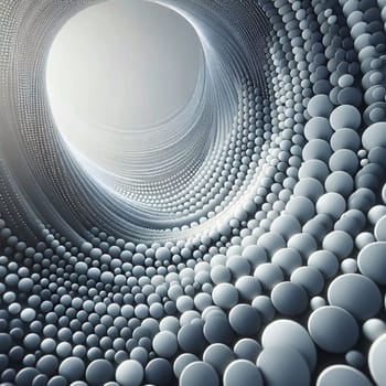 A 3D rendering of a tunnel made of a swirling pattern of small, white spheres, creating a futuristic and abstract design. A high-quality photo.