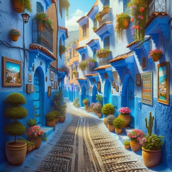 A narrow, winding street in a blue city with colorful flowers in pots, creating a picturesque and charming scene. A high-quality photo.