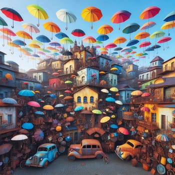 A surreal cityscape with colorful umbrellas floating in the air, and rusty cars on a cobblestone street, creating a whimsical and imaginative scene. A high-quality photo.