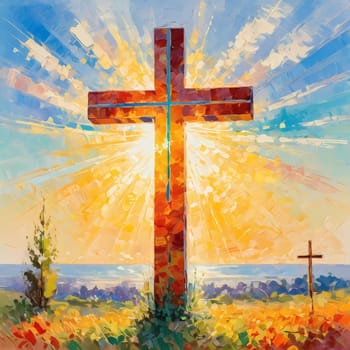 A stunning sunset illuminates a large wooden cross, radiating colorful rays of light. In the distance, a quaint chapel completes this serene rural landscape. A radiant sun shining through a cross. AI