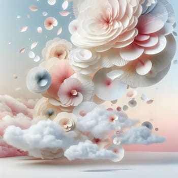 A whimsical and colorful 3D rendering of paper flowers blooming above clouds, creating a dreamy and surreal atmosphere. A high-quality photo.