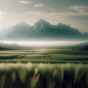 A landscape with a large mountain range in the distance, covered in fog and mist, creating a sense of mystery and wonder. A high-quality photo.