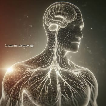 A 3D rendering of a human body with a glowing nervous system, representing the complexity and beauty of the human nervous system. A high-quality photo.