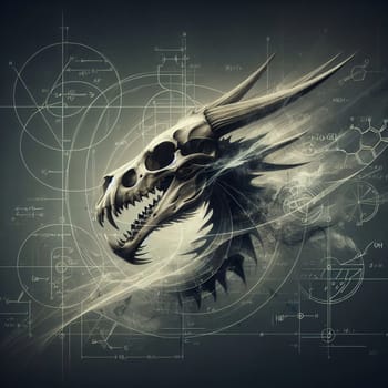 A dragon skull surrounded by mathematical formulas and geometric shapes, creating a surreal and mystical atmosphere. A high-quality photo.