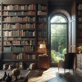 A classic library interior with dark wood bookshelves filled with books, a comfortable armchair by a large window overlooking a garden, and a warm, inviting atmosphere. A high-quality photo.