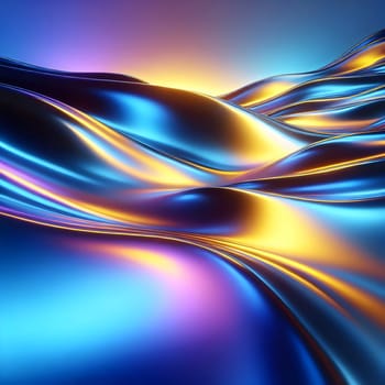 A 3D rendering of a wave-like, metallic surface with blue, purple, and gold hues, creating a futuristic and dynamic design. A high-quality photo.