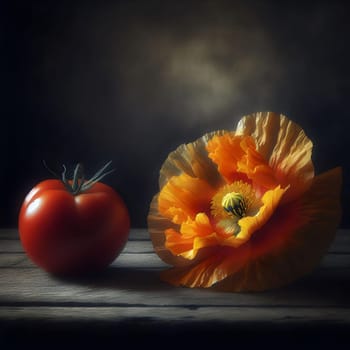 A still life painting of a red tomato and an orange poppy flower on a wooden table, creating a simple and natural composition. A high-quality photo.