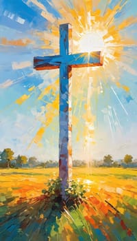 A stunning sunset illuminates a large wooden cross, radiating colorful rays of light. In the distance, a quaint chapel completes this serene rural landscape. A radiant sun shining through a cross. AI