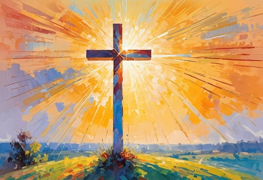 A stunning sunset illuminates a large wooden cross, radiating colorful rays of light. In the distance, a quaint chapel completes this serene rural landscape. A radiant sun shining through a cross. AI